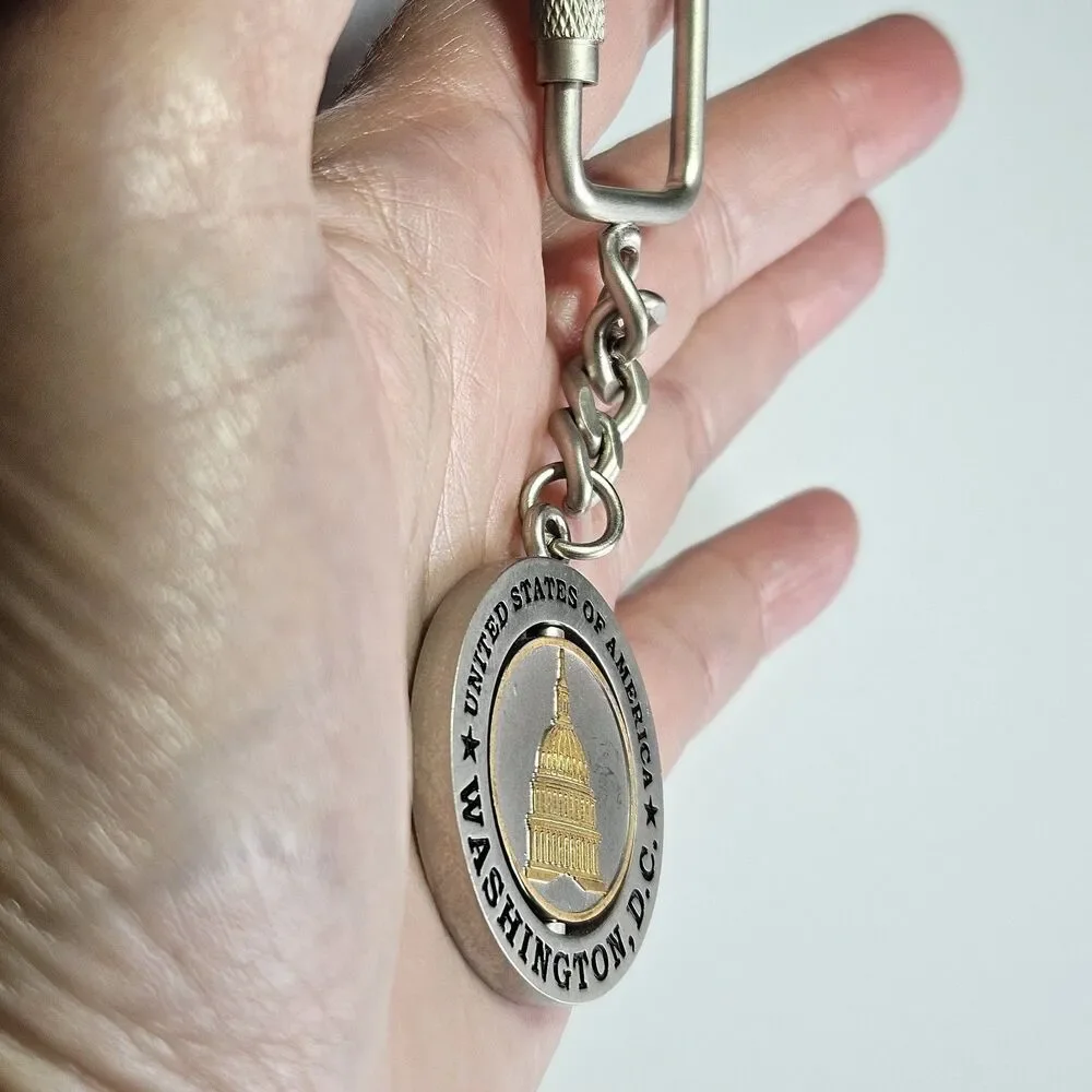 Vintage United States Washington DC Silver Tone Metal Spinner Keychain